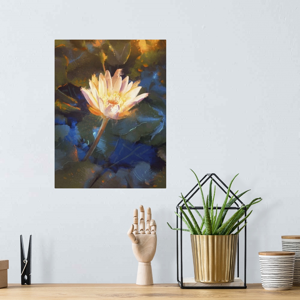 A bohemian room featuring Painting of beautiful yellow lotus blossom, single waterlily flower blooming on pond.