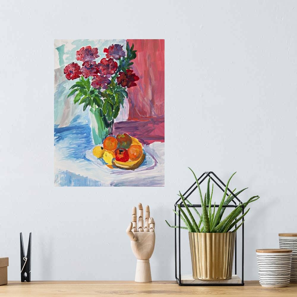 A bohemian room featuring Bright summer still life with flowers and fruits. Originally an oil sketch.