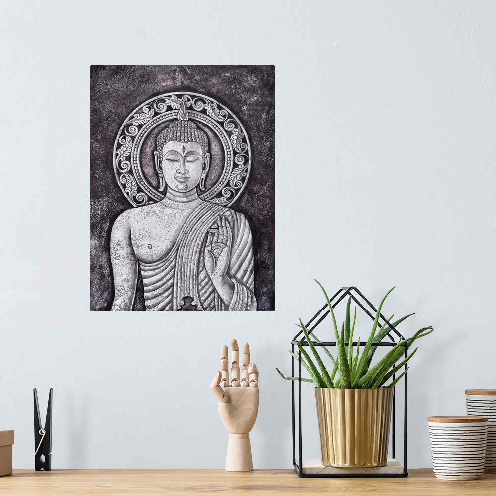 A bohemian room featuring Buddha statue, originally an acrylic painting on canvas.
