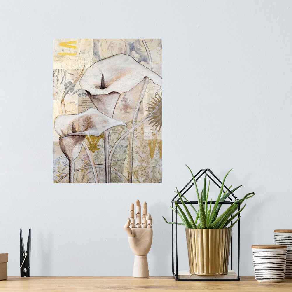 A bohemian room featuring Painted calla lily on collage background.