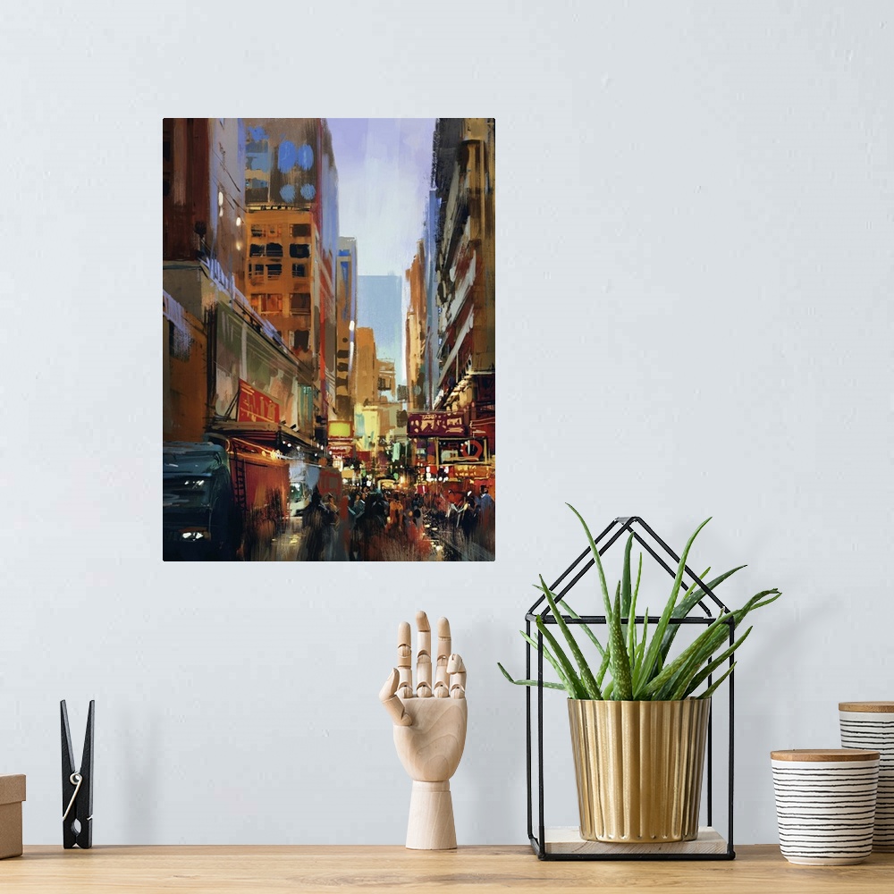 A bohemian room featuring Colorful painting of city street. Originally an illustration digital painting.