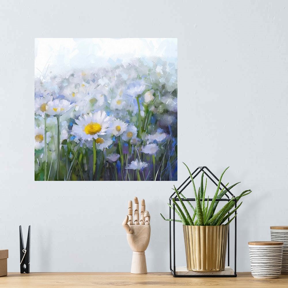 A bohemian room featuring Daisy flowers. Abstract flower oil painting.