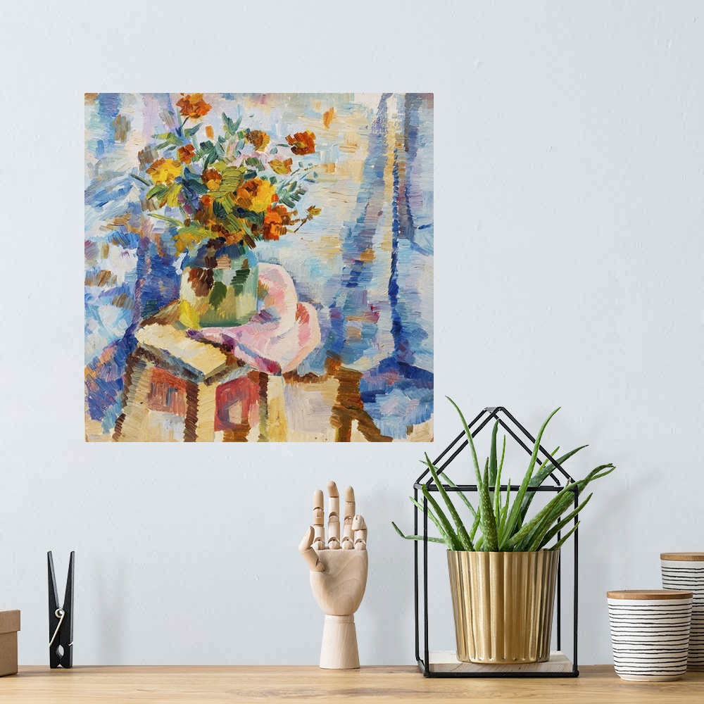 A bohemian room featuring Originally an oil painting flowers in a vase in bright orange colors of red and blue on canvas.