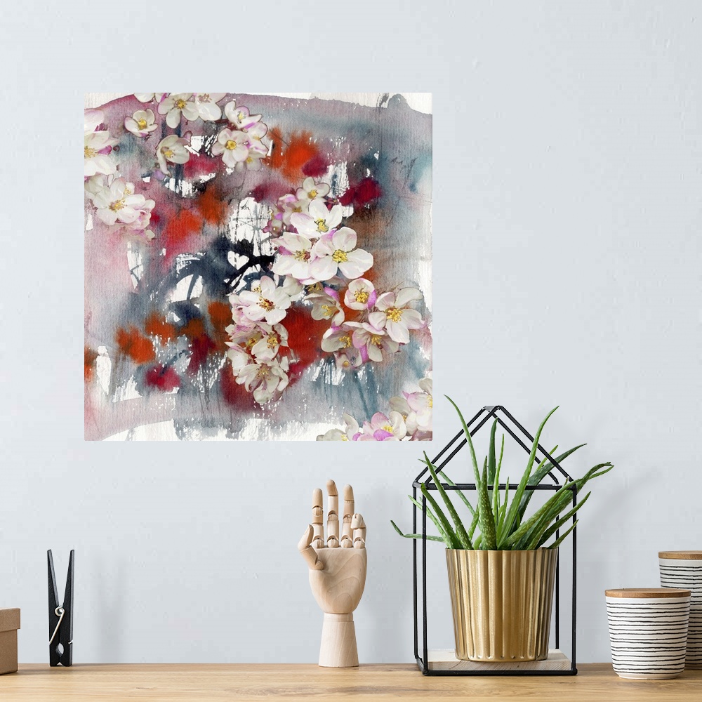 A bohemian room featuring Flowers of apple tree, abstract painting and mixed media art background.