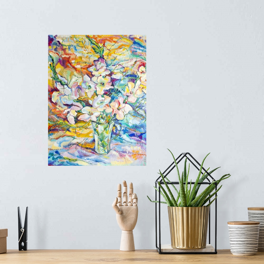A bohemian room featuring Bouquet of flowers painted originally oil on canvas.