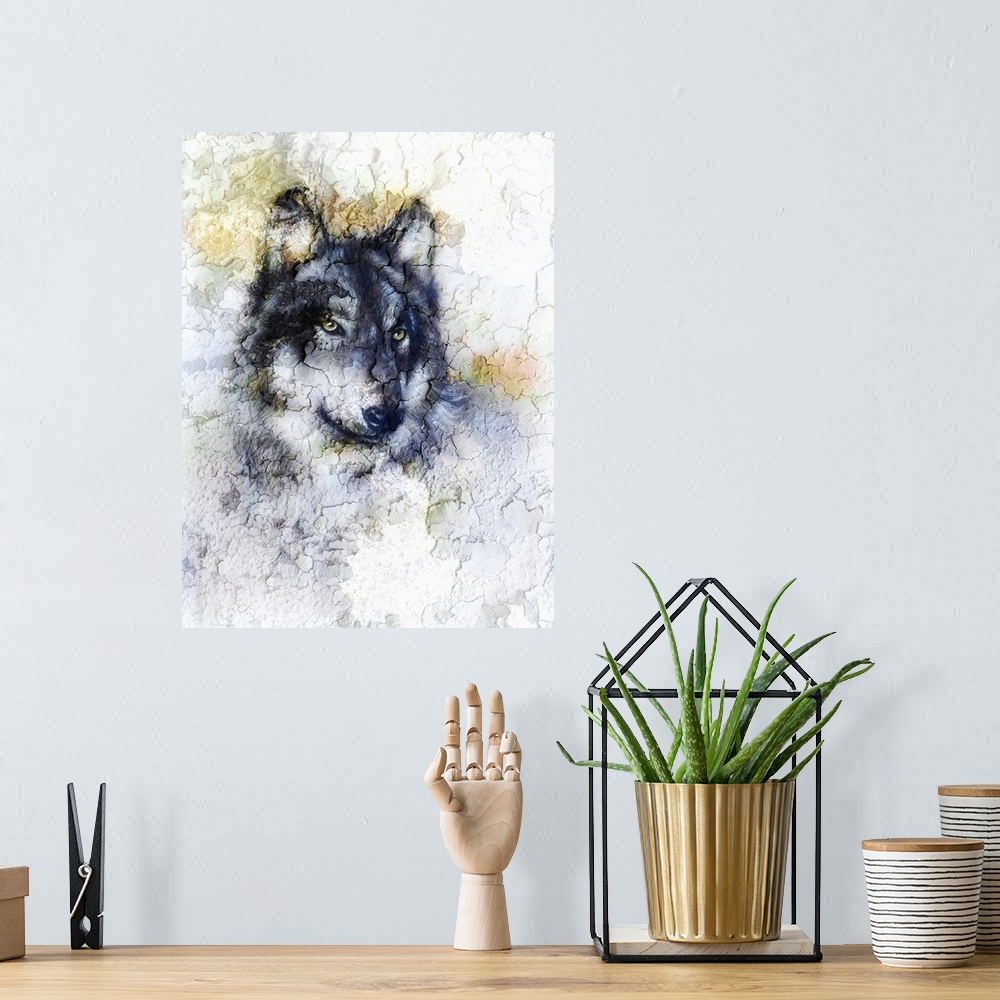A bohemian room featuring Originally an illustration portrait of a wolf, crackle background.
