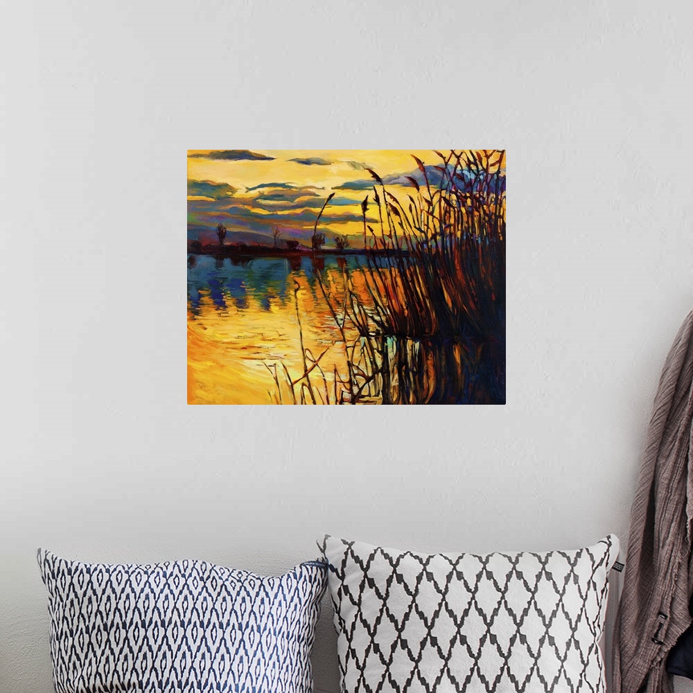 A bohemian room featuring Originally an oil painting showing a beautiful lake against a sunset landscape. Fern (rush), sky ...