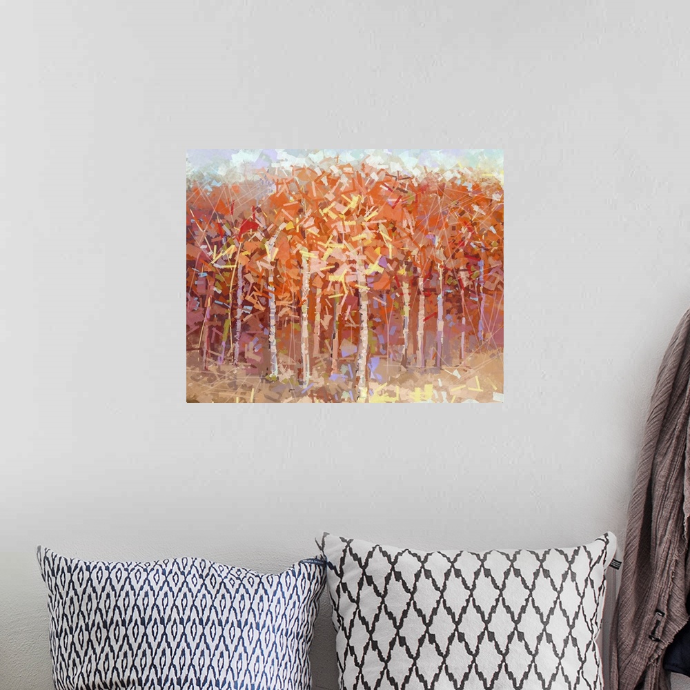 A bohemian room featuring Originally an oil painting landscape colorful autumn forest.