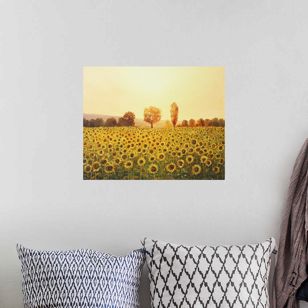 A bohemian room featuring Sunflower field at sunset.