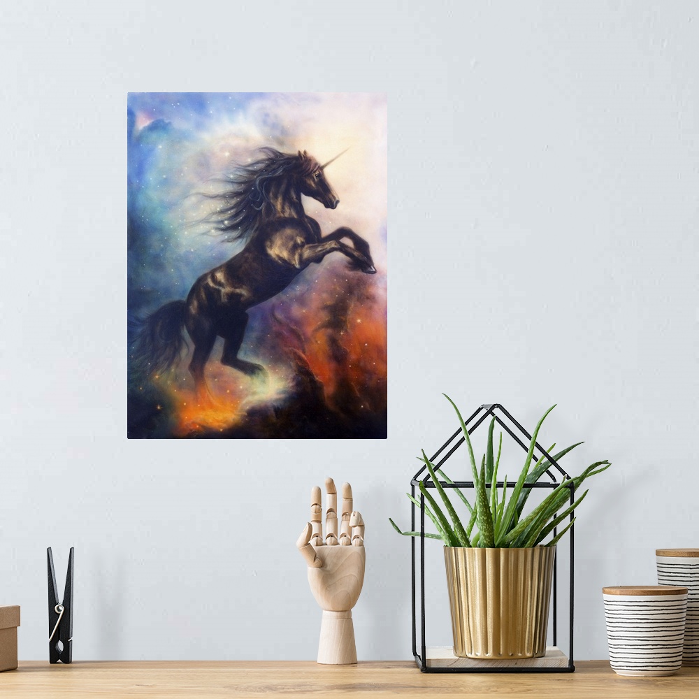 A bohemian room featuring Painting of a black unicorn dancing in space.