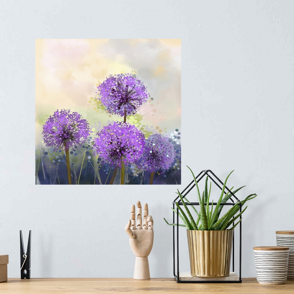 A bohemian room featuring Originally an oil painting. Purple onion flower. Abstract flower painting in soft colorful, sprin...