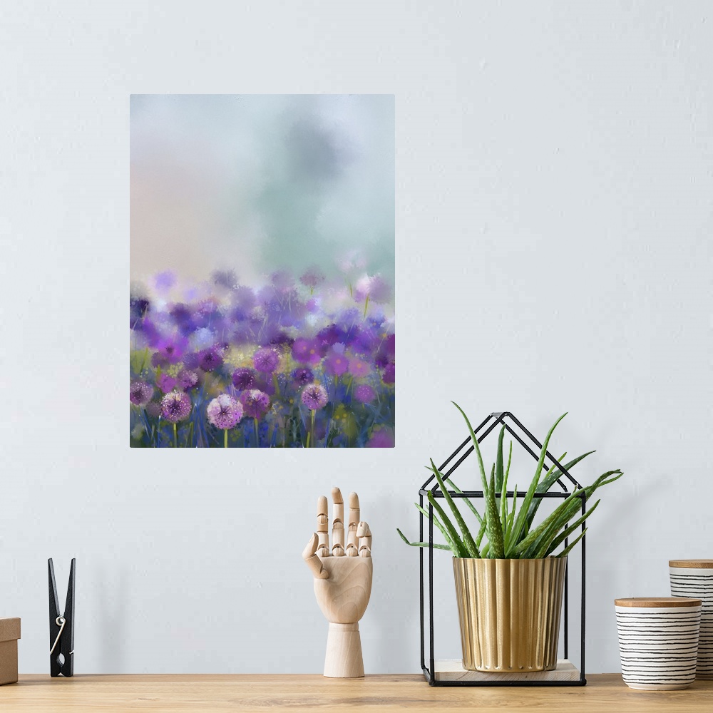 A bohemian room featuring Originally an oil painting, purple onion flower. Originally an abstract flower painting on a soft...