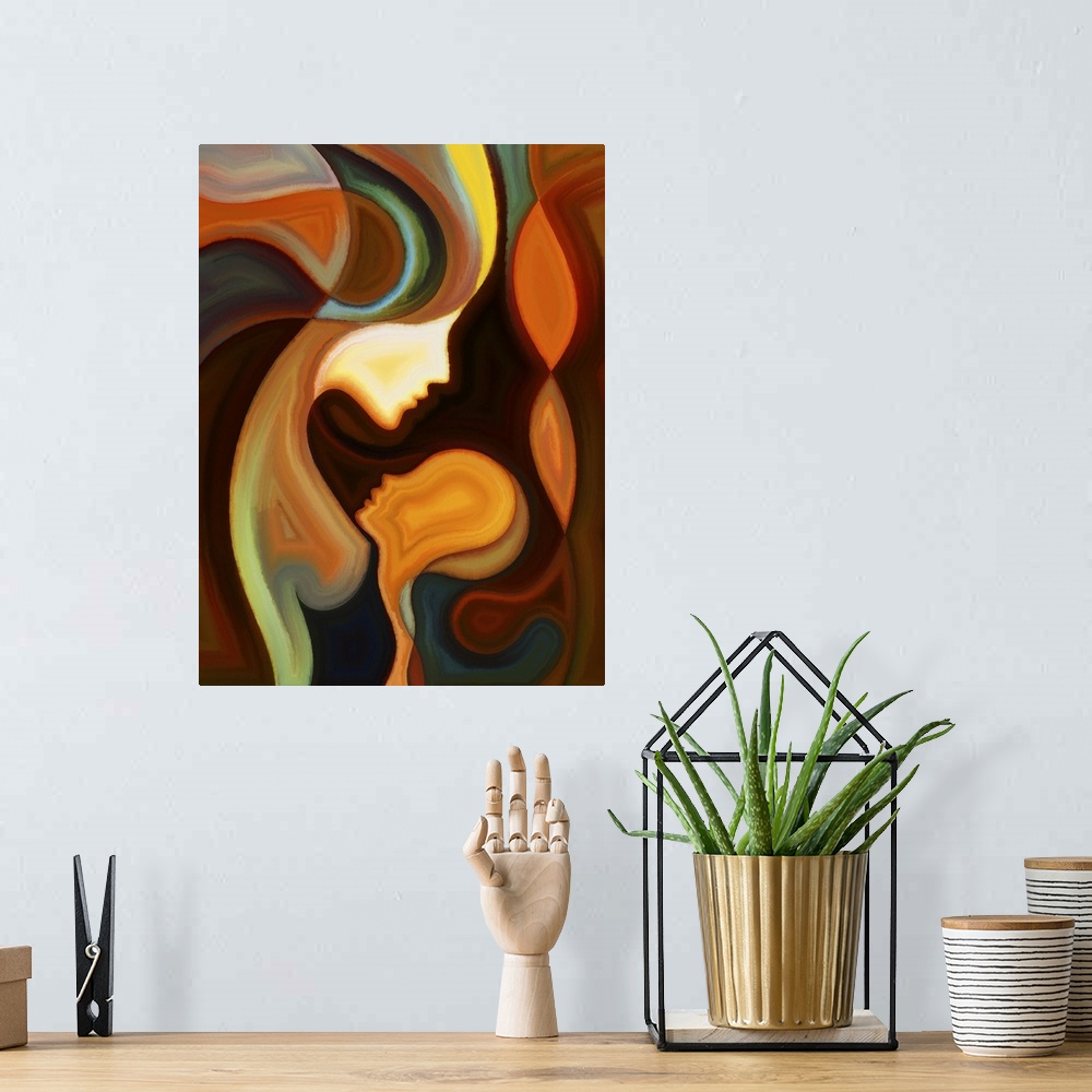 A bohemian room featuring Parent connection series. Abstract design made of graceful profile lines of mother and child on t...