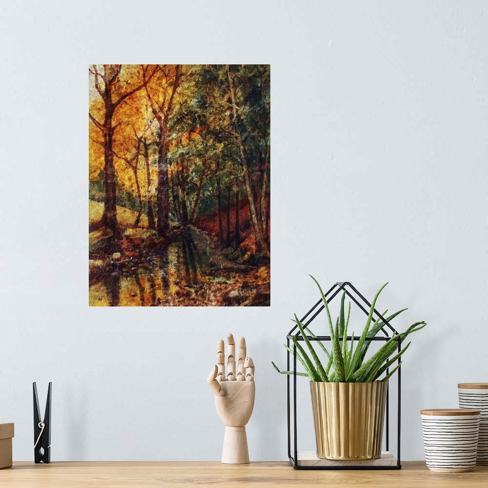 A bohemian room featuring Originally a landscape oil painting with river in autumn forest. Vintage structure background.