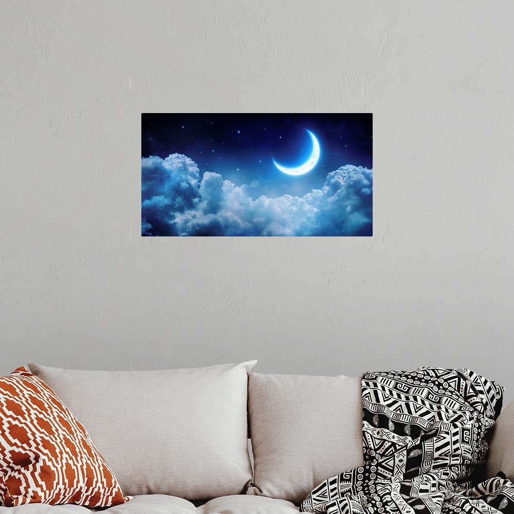 A bohemian room featuring Romantic moon in starry night over clouds.