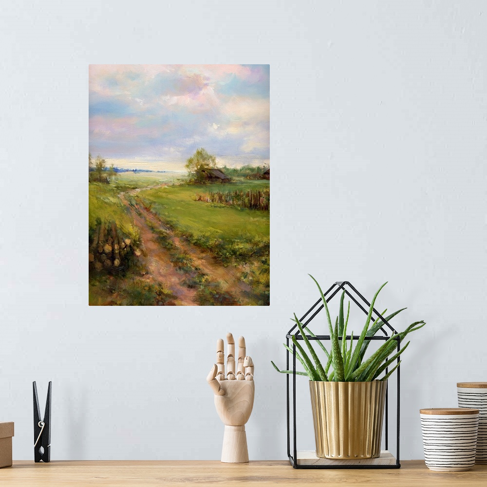 A bohemian room featuring Rural landscape, originally a painting of oil paints impasto on canvas.