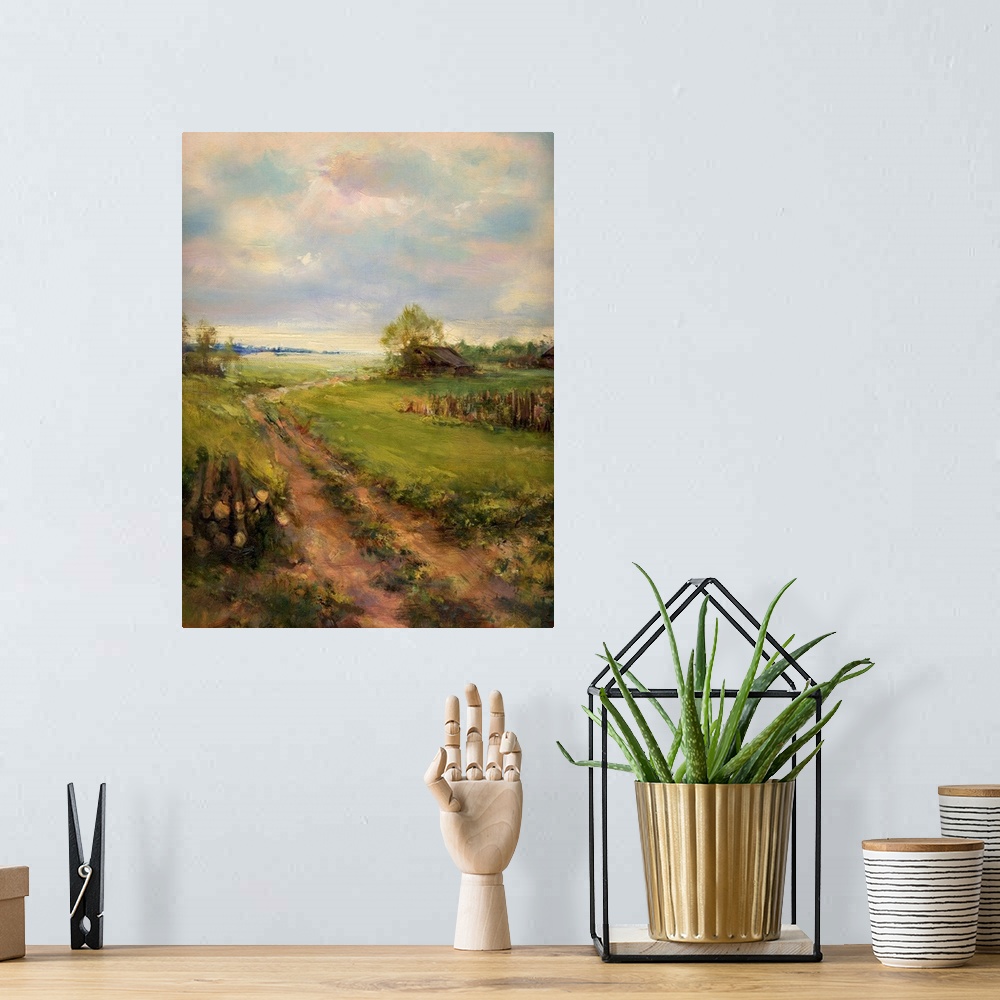 A bohemian room featuring Rural retro scene, originally an oil painting on canvas.