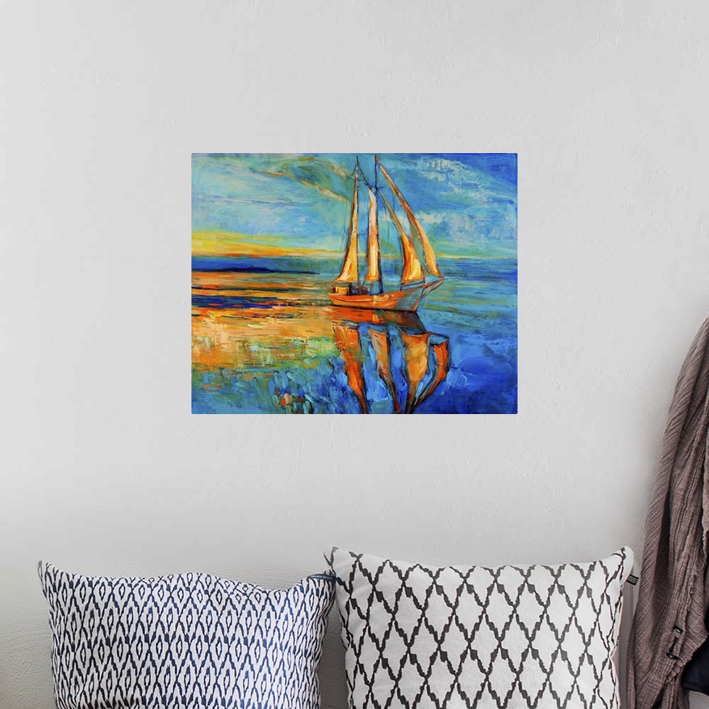 A bohemian room featuring Originally an oil painting of a ship and sea on canvas. Sunset over ocean. Modern impressionism.