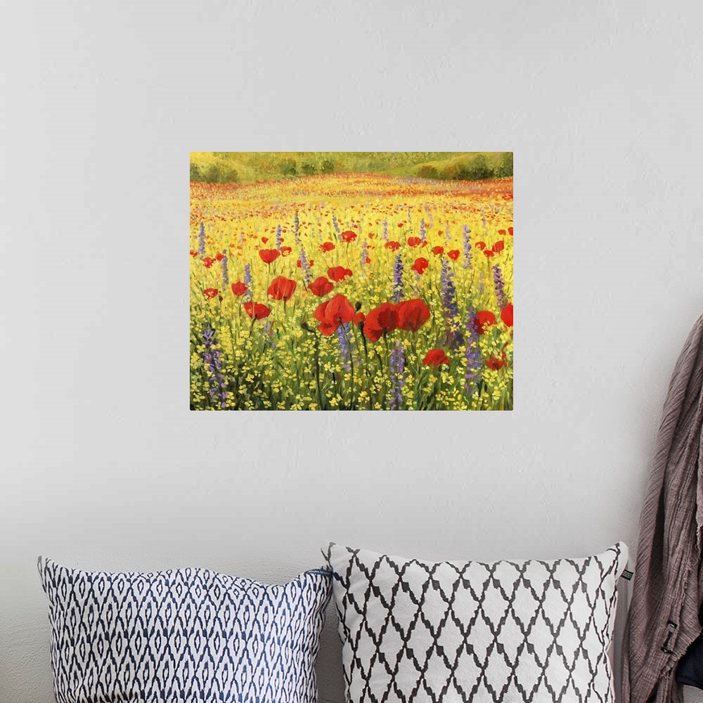 A bohemian room featuring A colorful field with poppies.