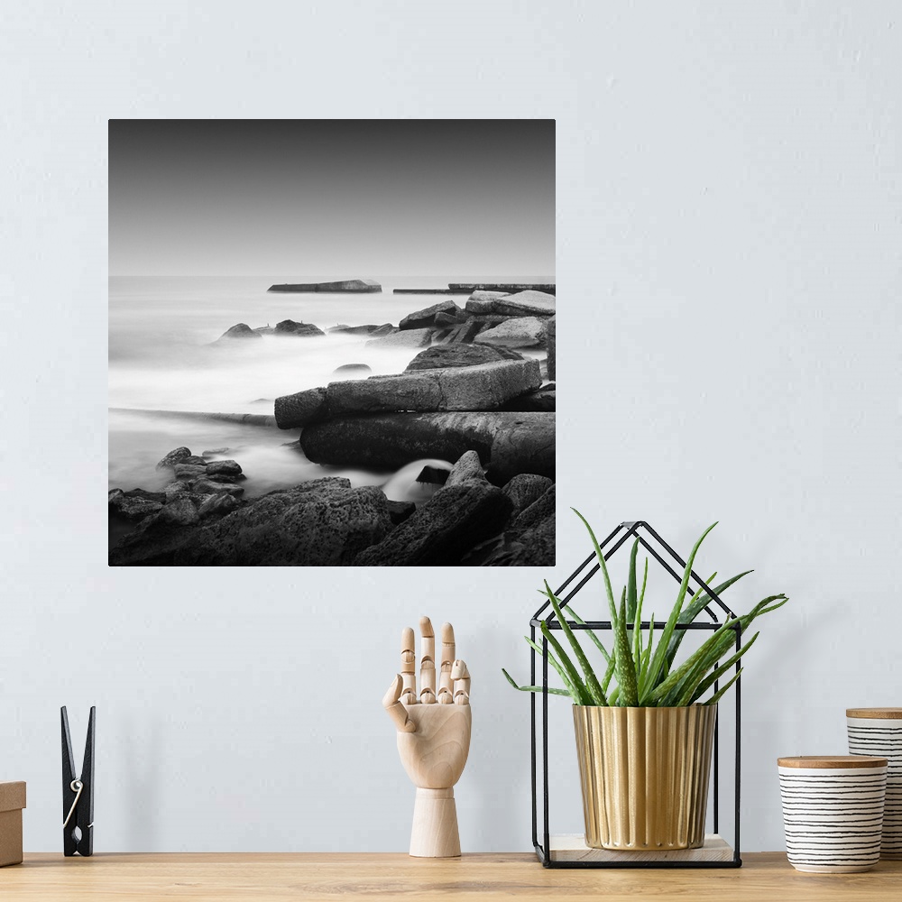 A bohemian room featuring Noir smooth seascape with objects in the sea. The photo taken in black and white. Black sea, Odes...