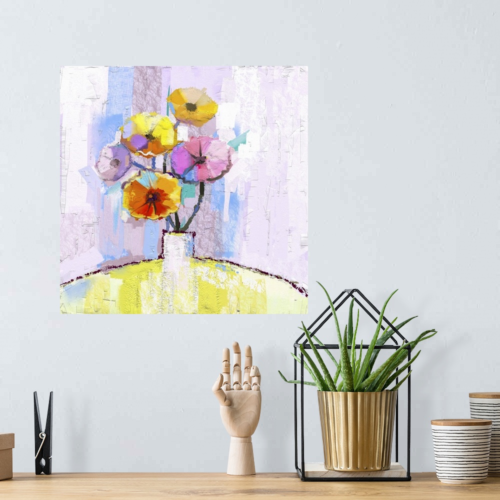A bohemian room featuring Originally an abstract oil painting of spring flower. Still life of yellow, pink and red gerbera....