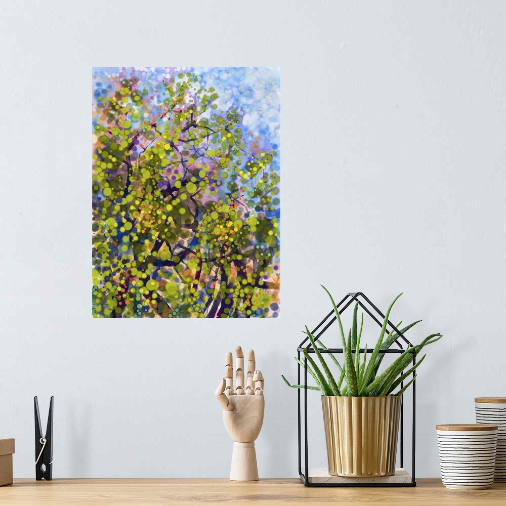 A bohemian room featuring Originally an abstract watercolor painting. Spring nature season with yellow flowers tree, on gru...