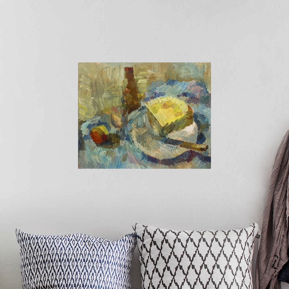 A bohemian room featuring Originally an oil painting of still life. Bottle opener, cheese, apple and glass in pastel colors...