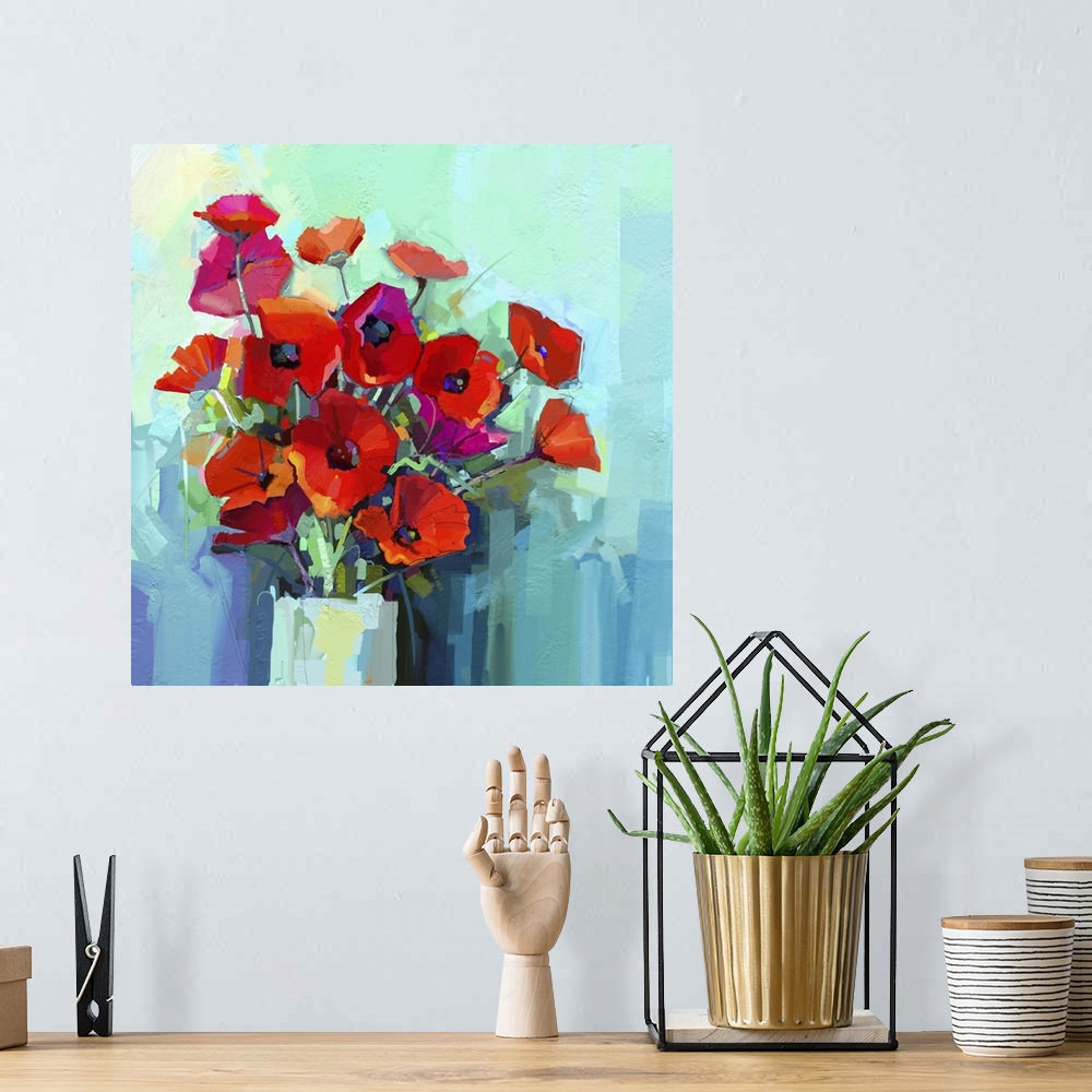 A bohemian room featuring Originally an oil painting - still life of red and pink color flower. Colorful bouquet of poppy f...