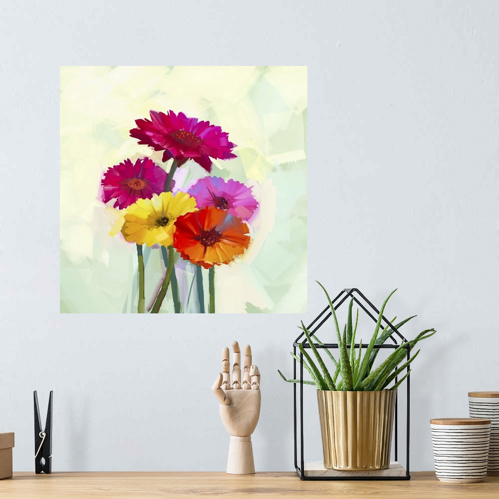 A bohemian room featuring Still life of yellow and red gerbera flowers. Originally an oil painting of spring flowers. Origi...