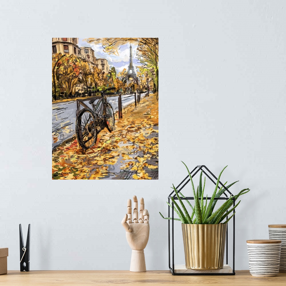 A bohemian room featuring Street in autumn Paris. Eiffel tower, originally a sketch illustration.