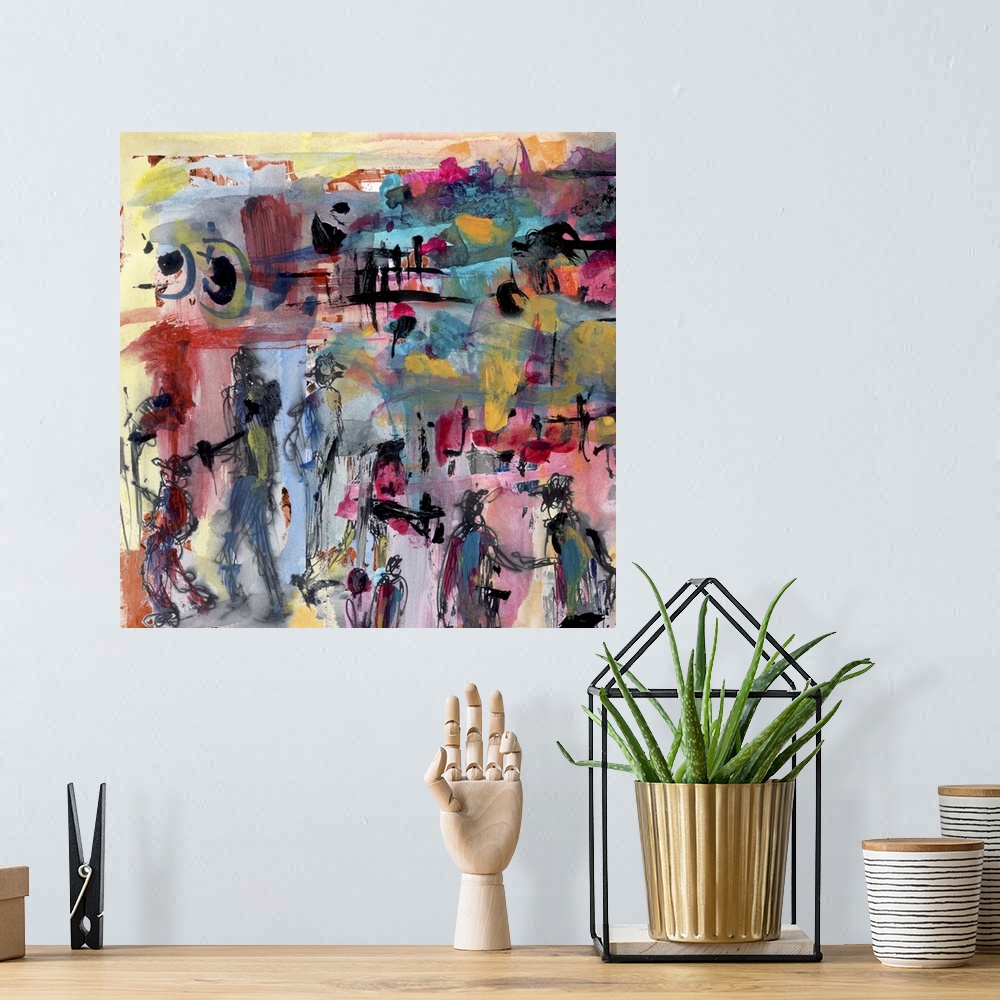 A bohemian room featuring Abstract acrylic painting with figures, artistic background.