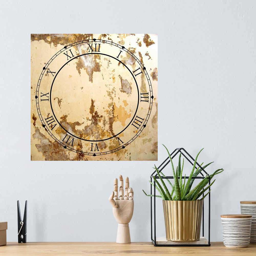 A bohemian room featuring Illustrated clock face with roman numerals and grunge texture.