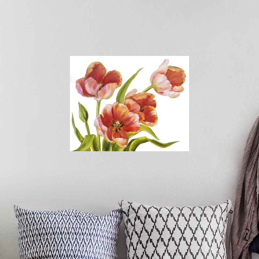 A bohemian room featuring Vintage red tulips isolated on white. Originally an oil painting.