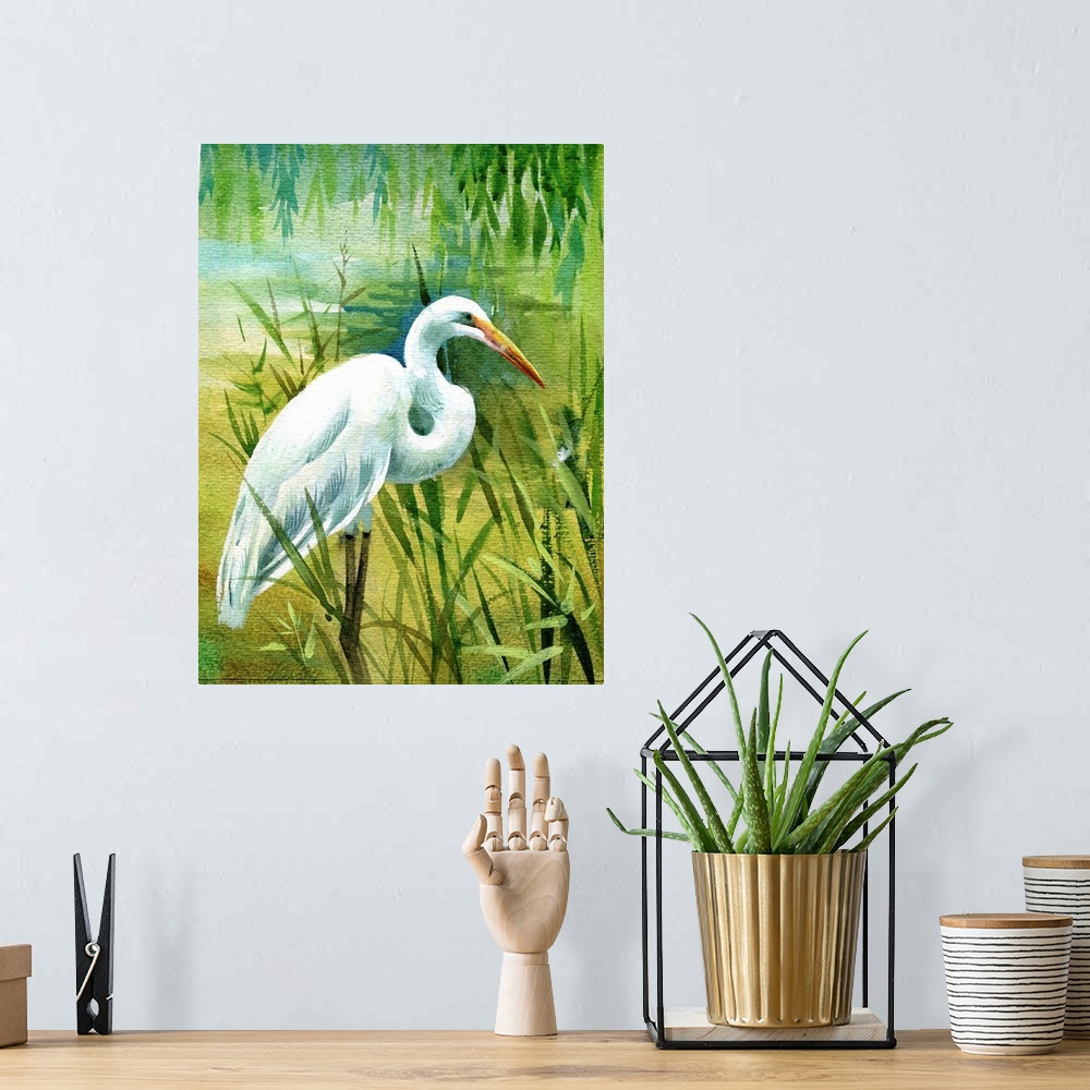 A bohemian room featuring Watercolor heron in water.