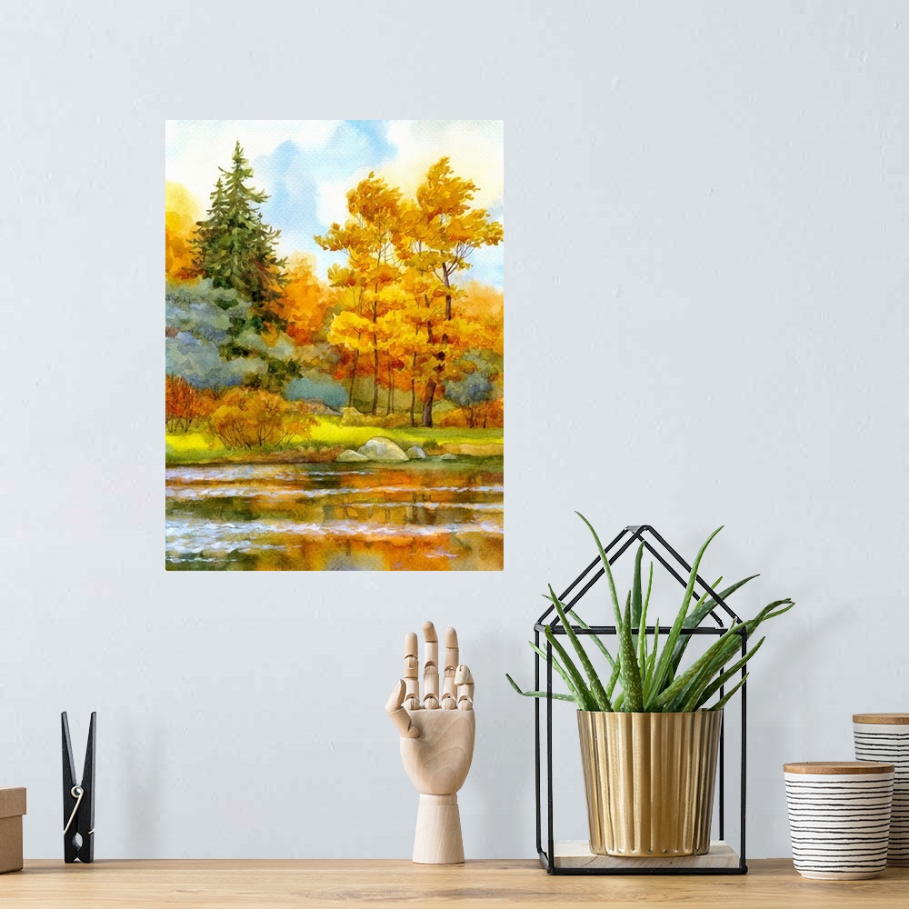 A bohemian room featuring Originally a watercolor landscape. Autumn forest on the lake.