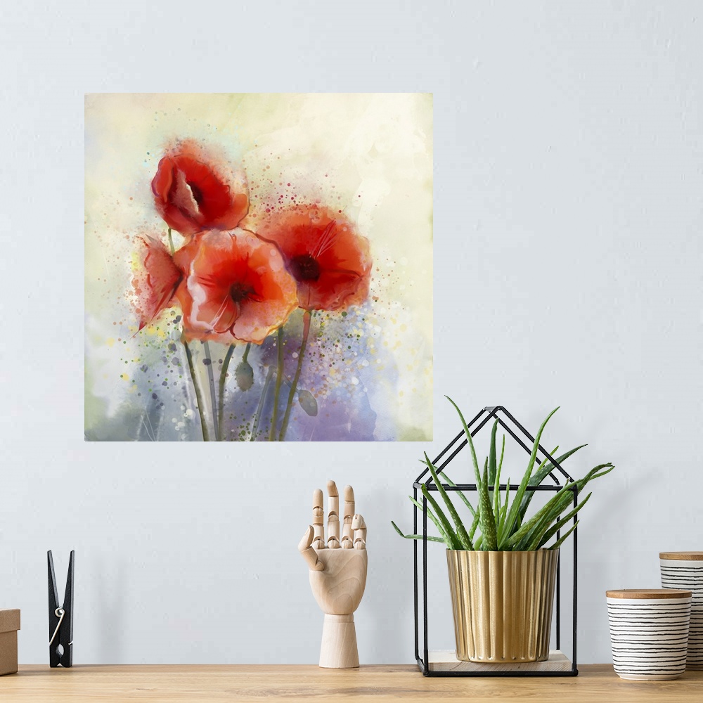 A bohemian room featuring Originally a watercolor red poppy flowers painting. Flowers in soft color and blur style for back...