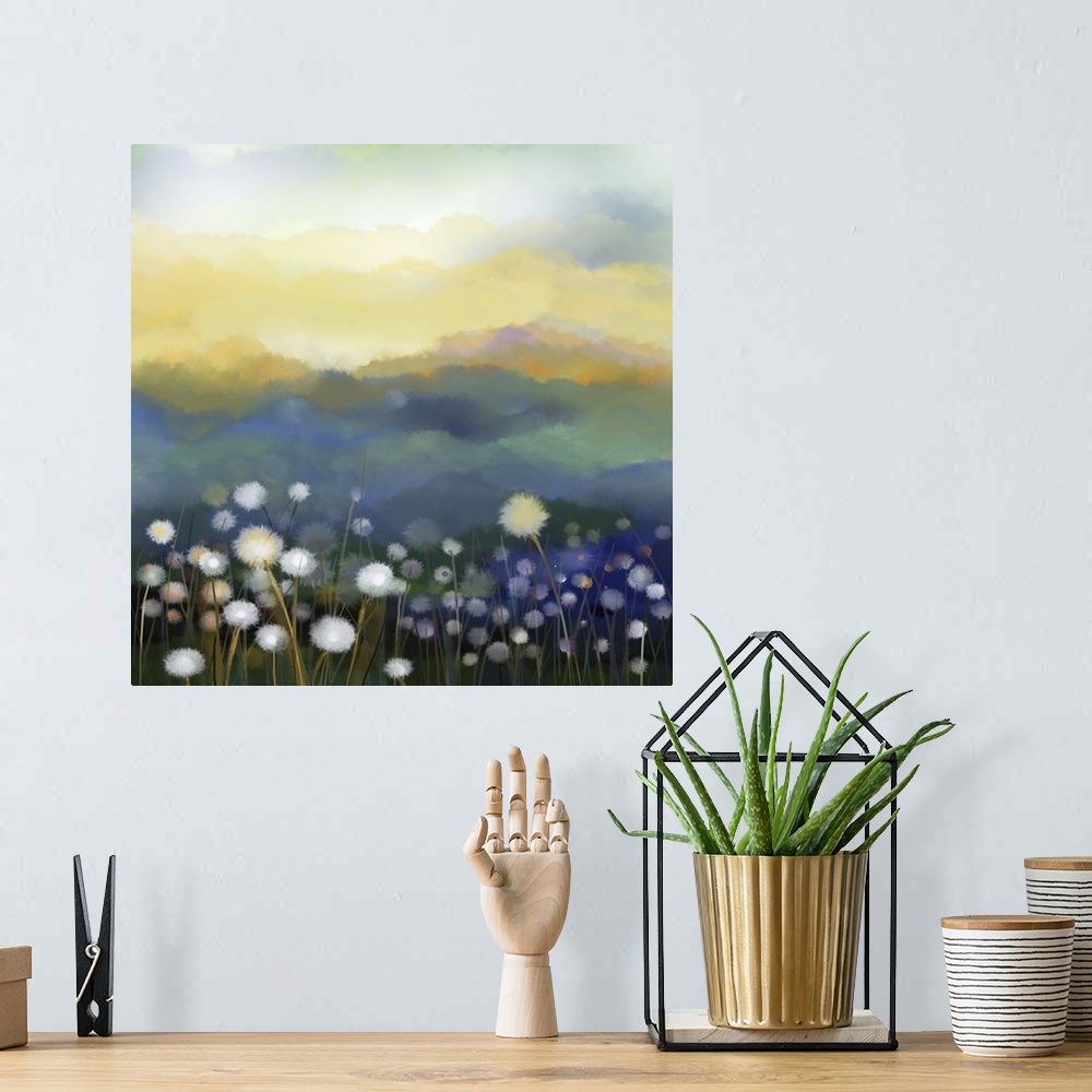 A bohemian room featuring Originally an abstract oil painting of white flowers field in soft color. Originally oil painting...
