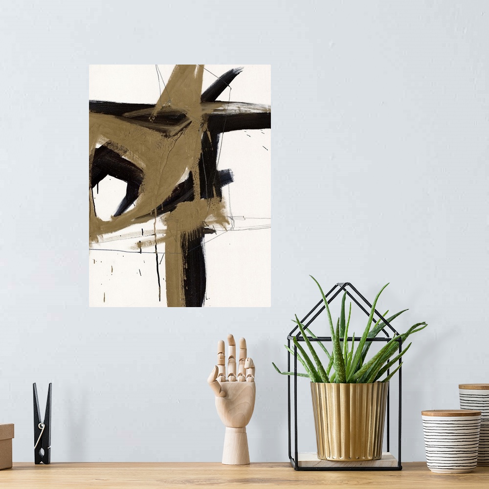 A bohemian room featuring A contemporary abstract painting using brown and black as mirrored colors against an off-white ba...