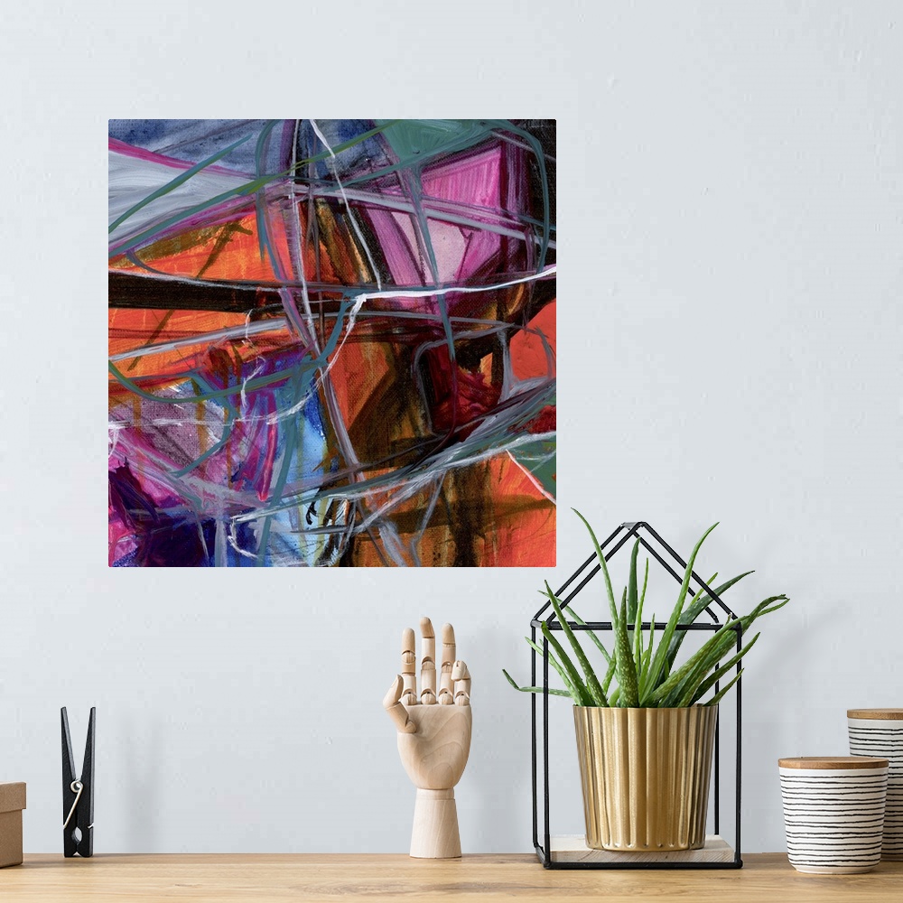 A bohemian room featuring A contemporary abstract painting of a multi-colored background of vibrant colors with a bold blac...