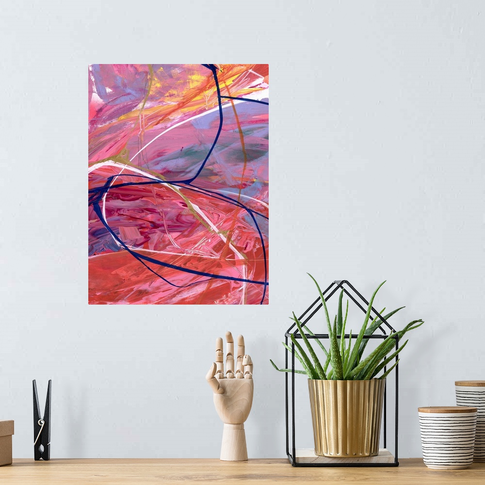 A bohemian room featuring A contemporary abstract painting a fiery environment created from swirling red and purple tones.