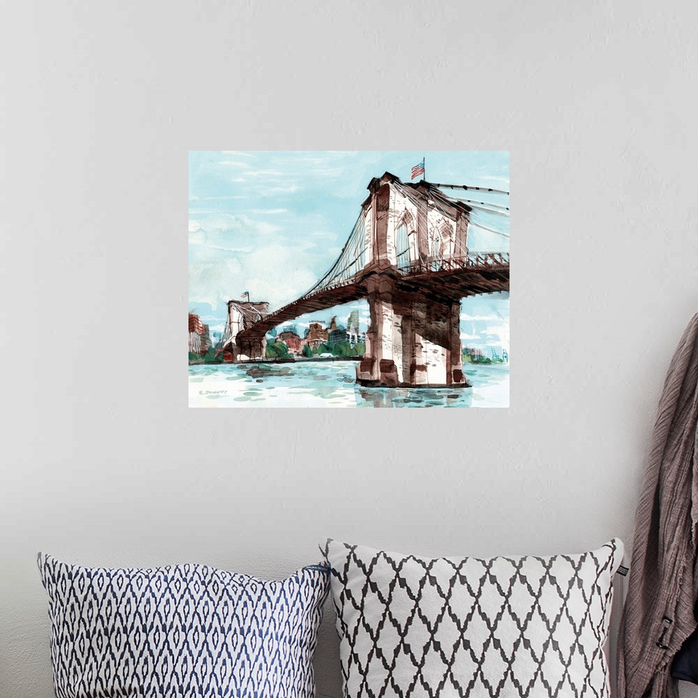 A bohemian room featuring Watercolor artwork of one of Brooklyn's most famous landmarks, the bridge! You can see part of th...