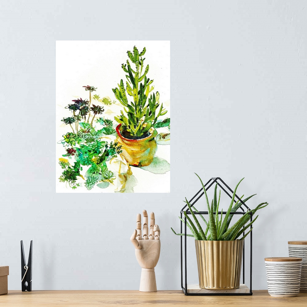 A bohemian room featuring Loose watercolor study of a collection of succulents and a large potted cactus. Seen in the Volun...