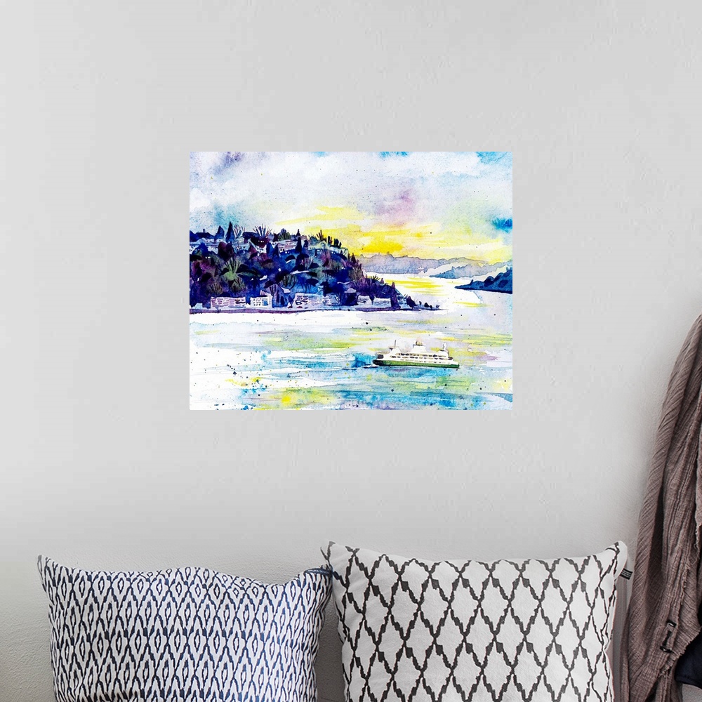 A bohemian room featuring Evening watercolor painting of the ferry crossing the bay from Seattle to Bainbridge Island or Br...