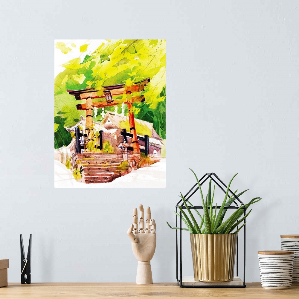 A bohemian room featuring Watercolor illustration of a typical Shinto temple gate I painted in Kyoto in late summer near Ar...