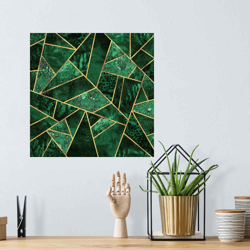 A bohemian room featuring A contemporary, geometric, art deco design in shades of green. The shapes are outlined in gold.
