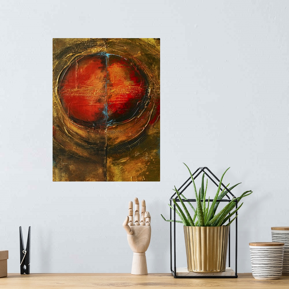 A bohemian room featuring Vertical contemporary painting on a giant canvas of a fiery circle encased by a golden, rounded s...
