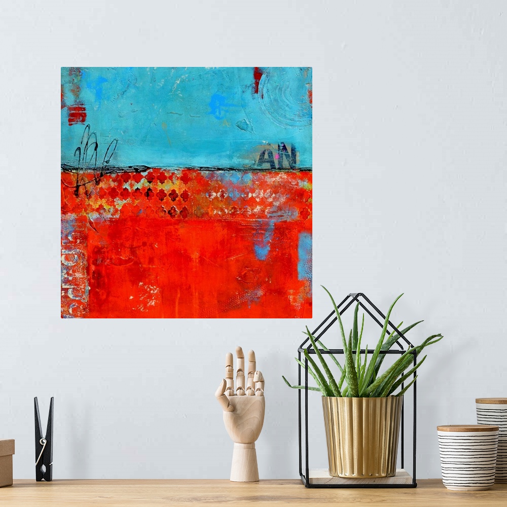 A bohemian room featuring Contemporary abstract painting of a color-field of weathered blue and red, with partially conceal...