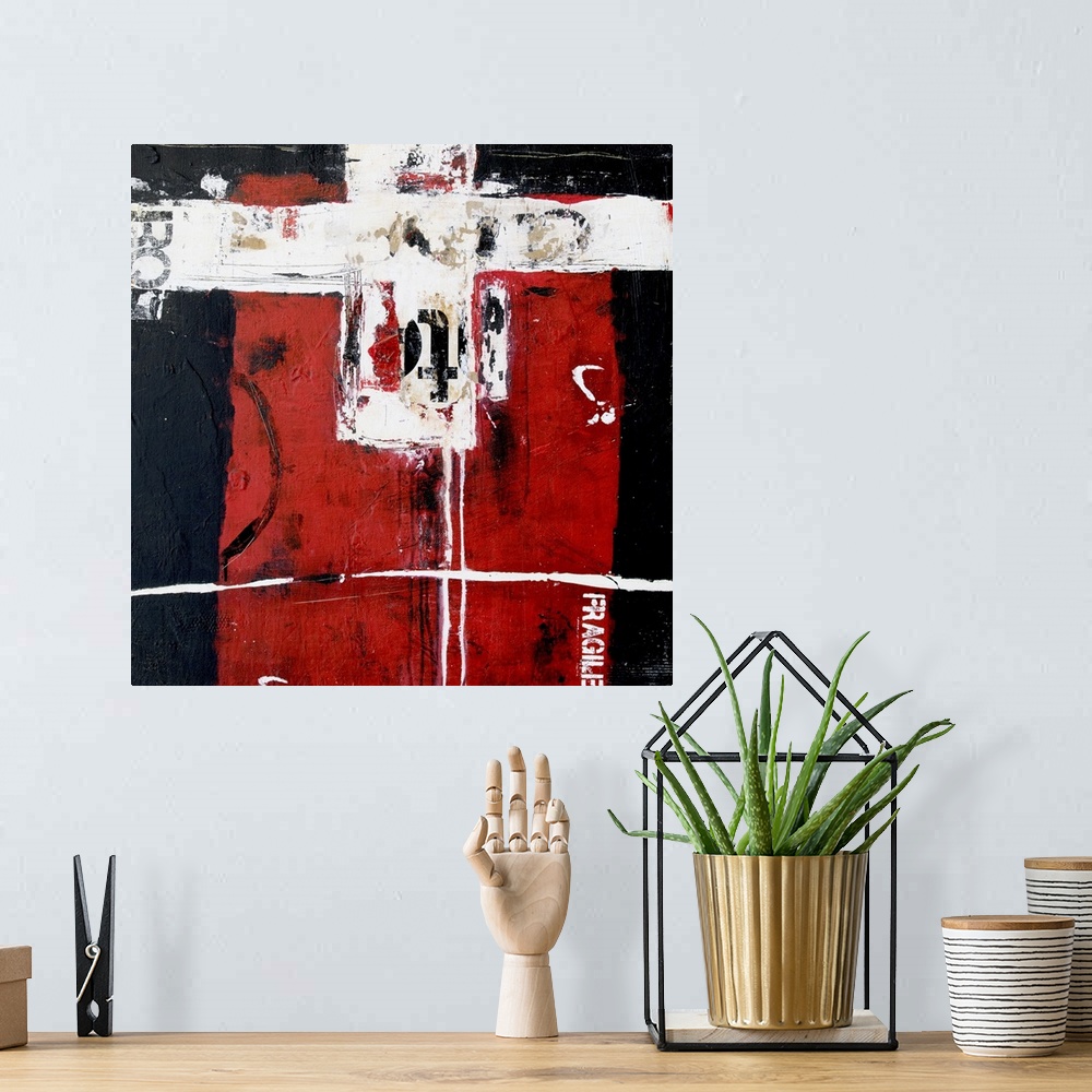 A bohemian room featuring A square contemporary abstract painting that has a black and dark red background displaying a whi...