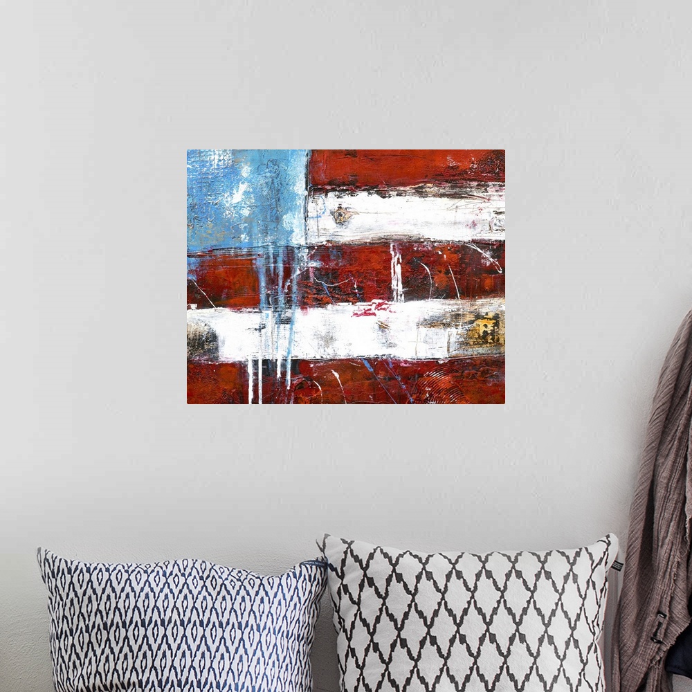 A bohemian room featuring Contemporary abstract painting of the American flag.
