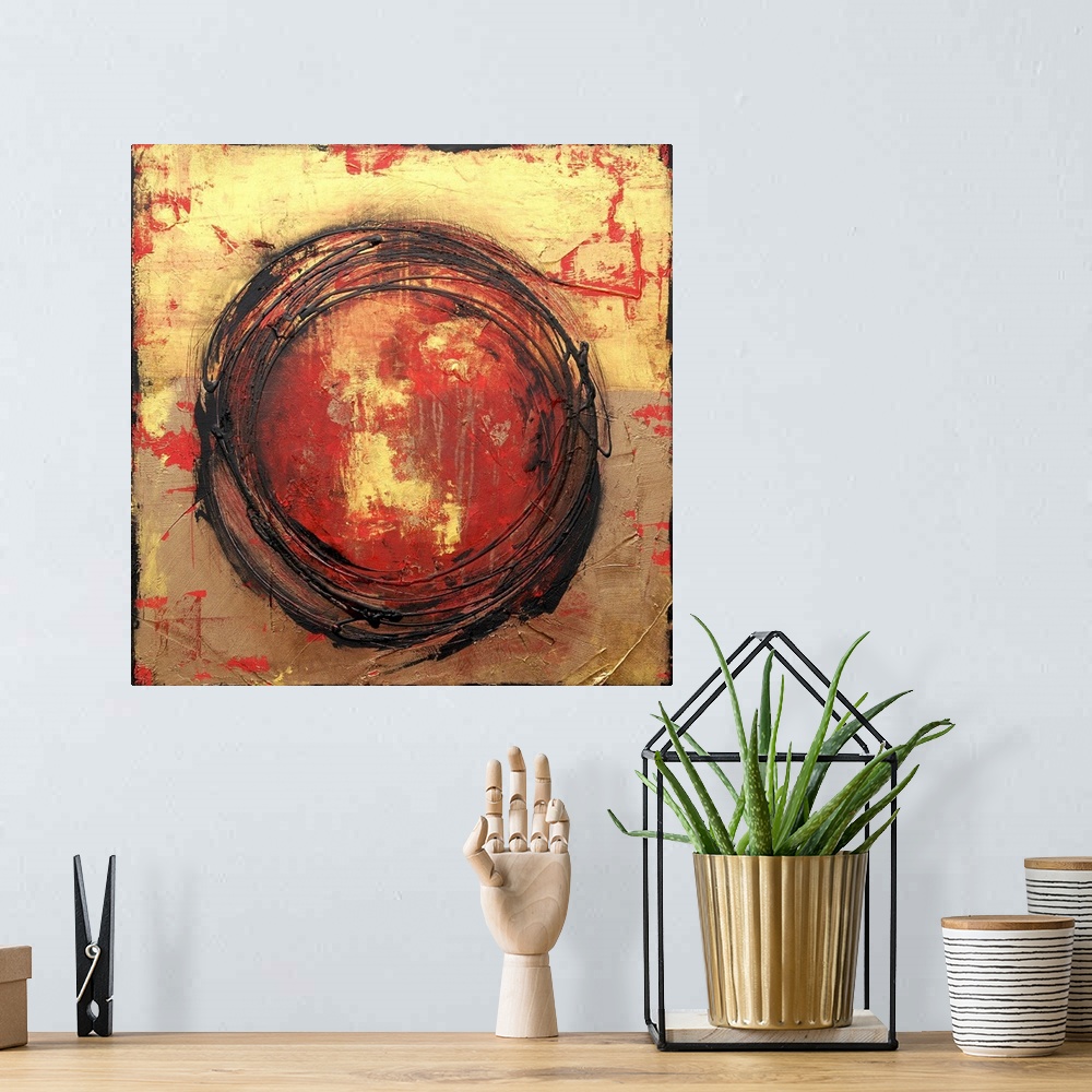 A bohemian room featuring This heavily textured abstract artwork features an abstract circular design in paint drips with l...